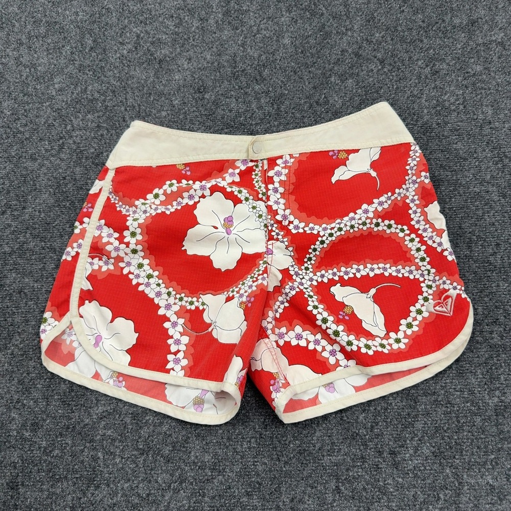 Vintage Roxy Boardshorts Womens 7 Red Hibiscus Floral Y2K Surf Beach Retro